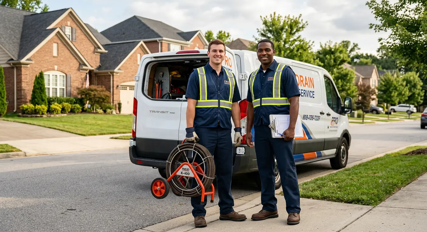 Sewer and drain service team with equipment ready for work in Highlands