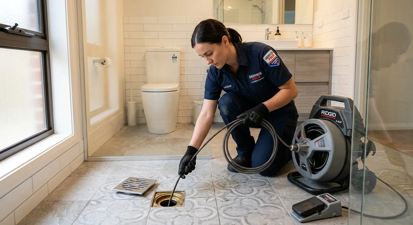 Technician clearing a bathroom floor drain for Drain Cleaning in Highlands